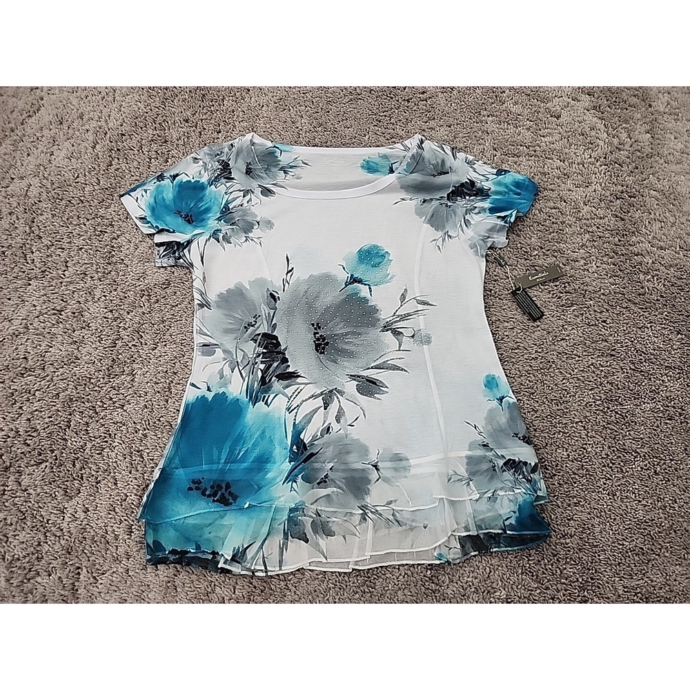 Essentials Milano Womens Shirt M Blue Floral Rhinestone Embellished Layered Hem